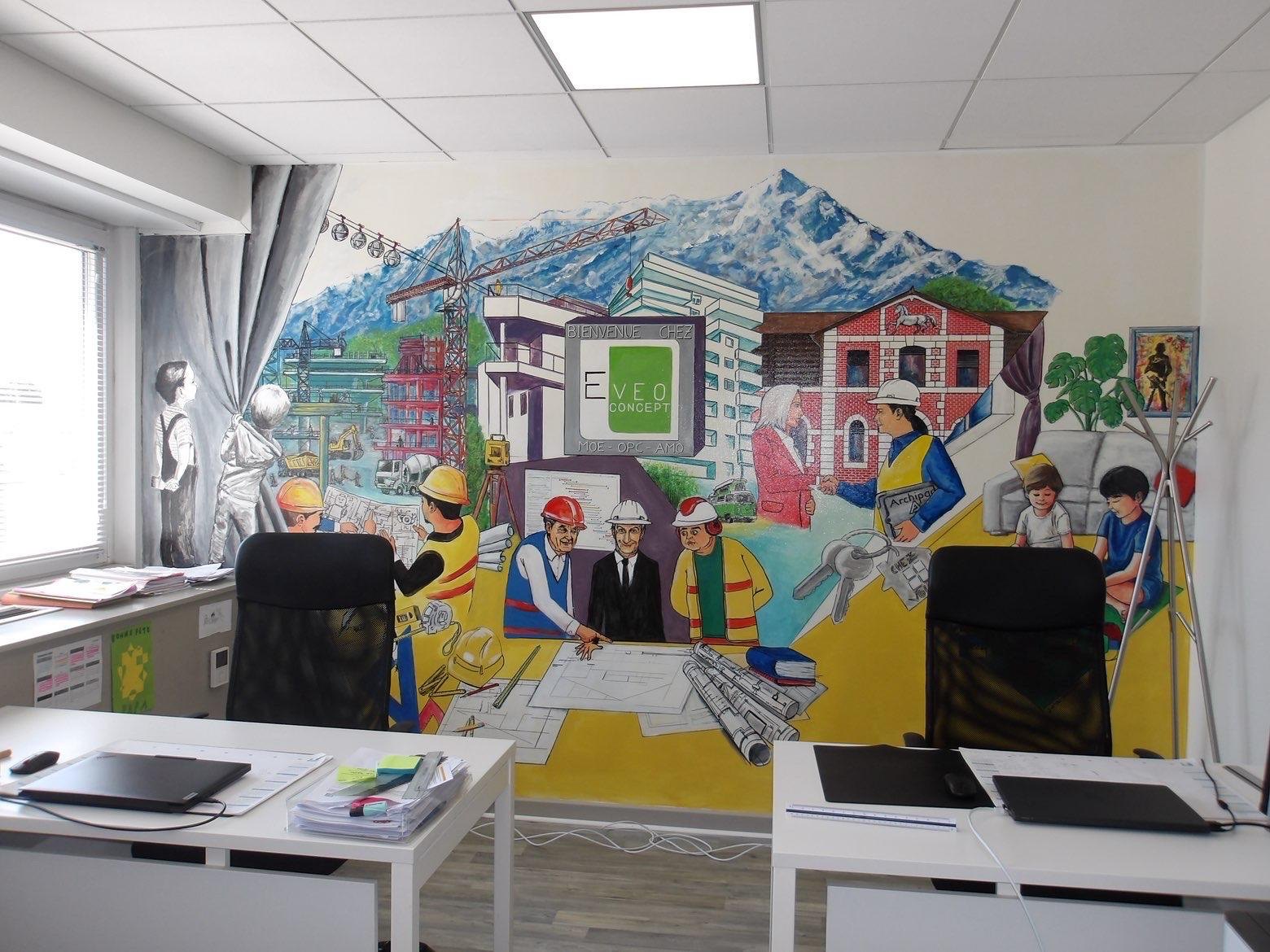 Les bureaux d'EVEO CONCEPT et la fresque murale « Bienvenue chez EVEO »